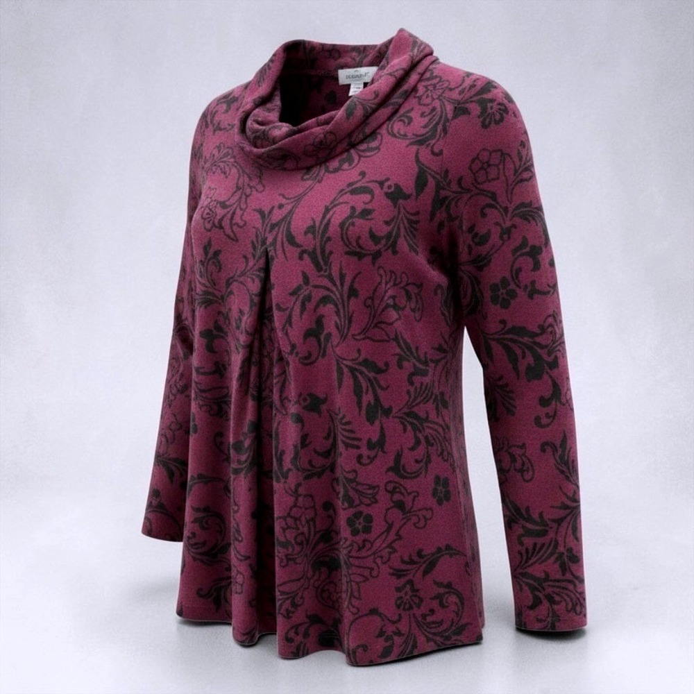 Dressbarn Petite L Womens Purple Black Damask Floral Cowl Neck Long Sleeve Top